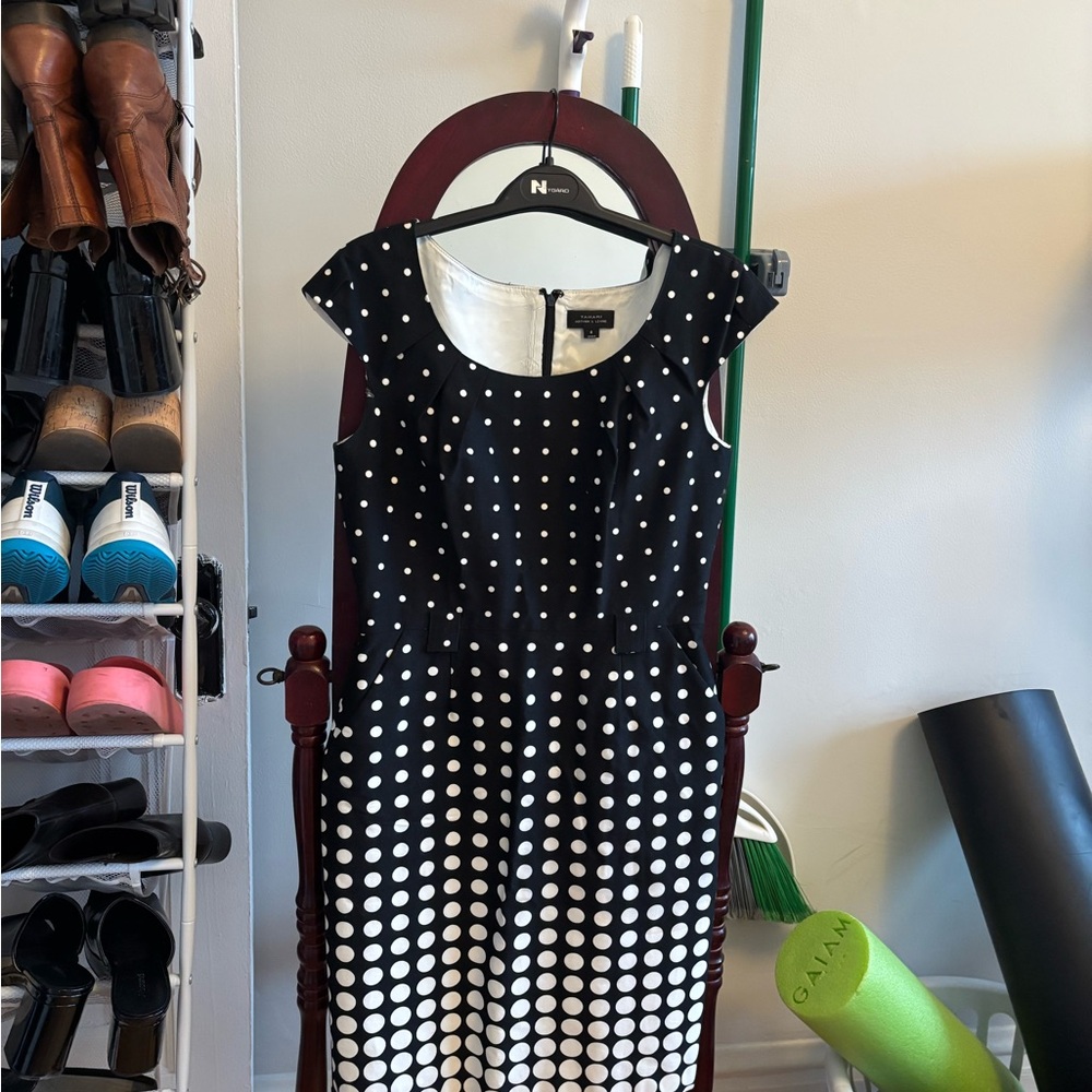 Tahari ASL Black and White Polka Dot Midi Dress